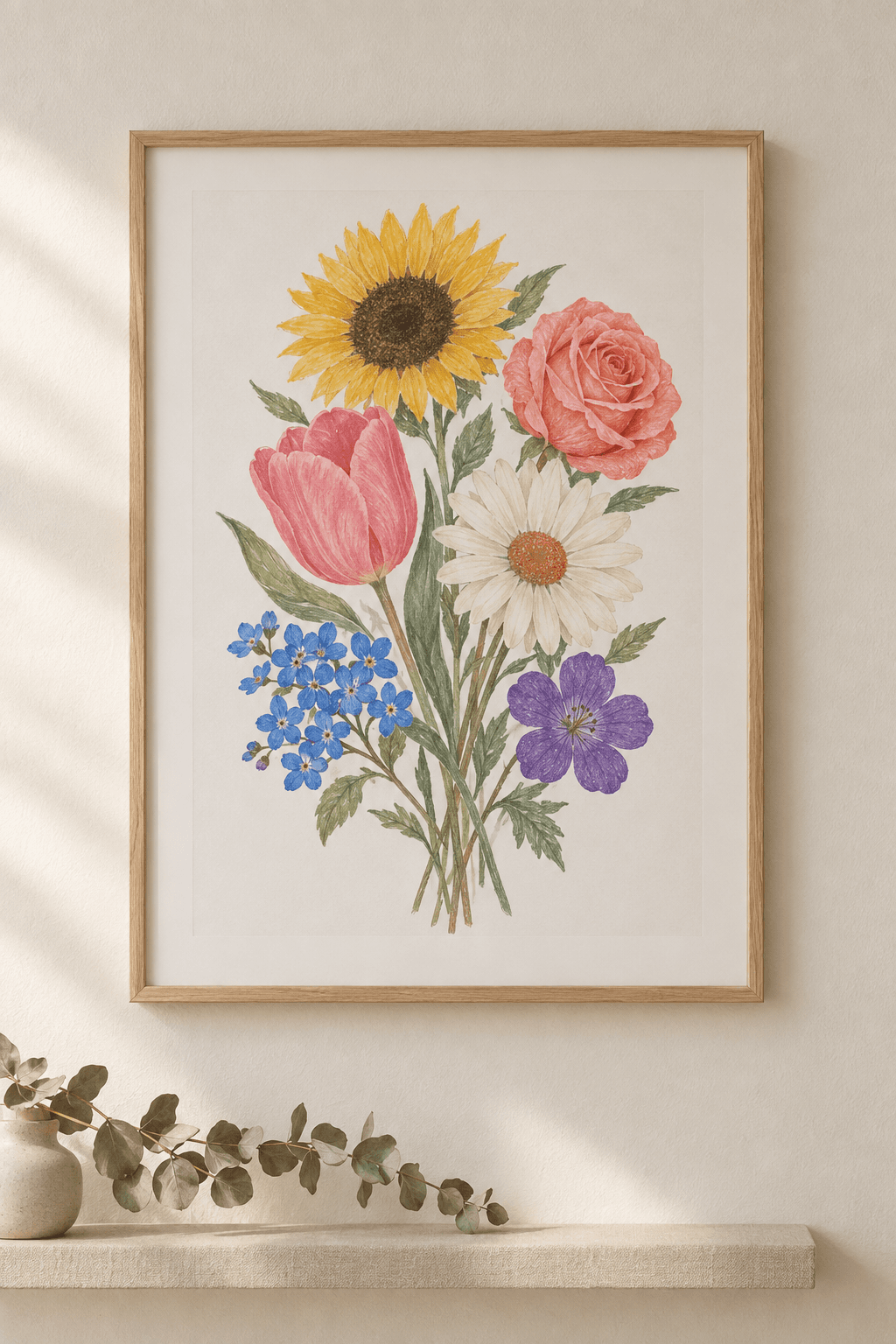 A TraceAndTale bouquet print framed on a wall
