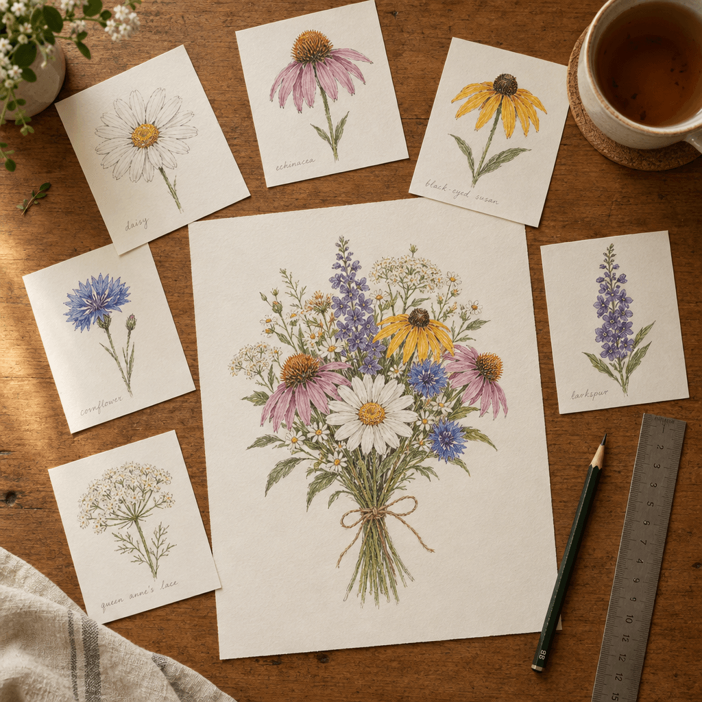 Individual drawings assembled into a bouquet
