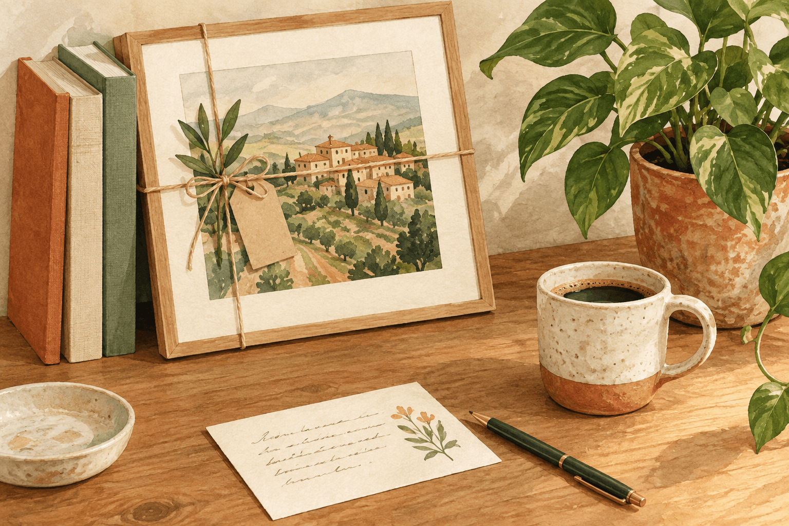 A warm office scene with a gift on a desk surrounded by colleagues' notes