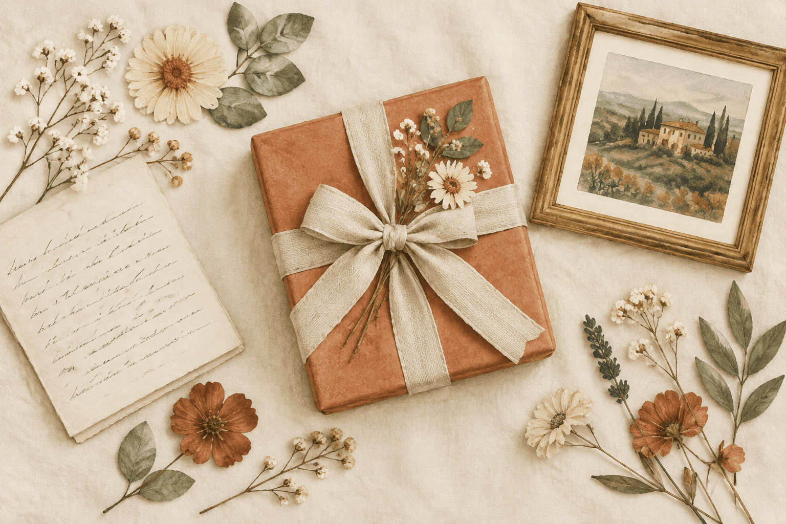 A beautifully wrapped gift surrounded by flowers and handwritten notes