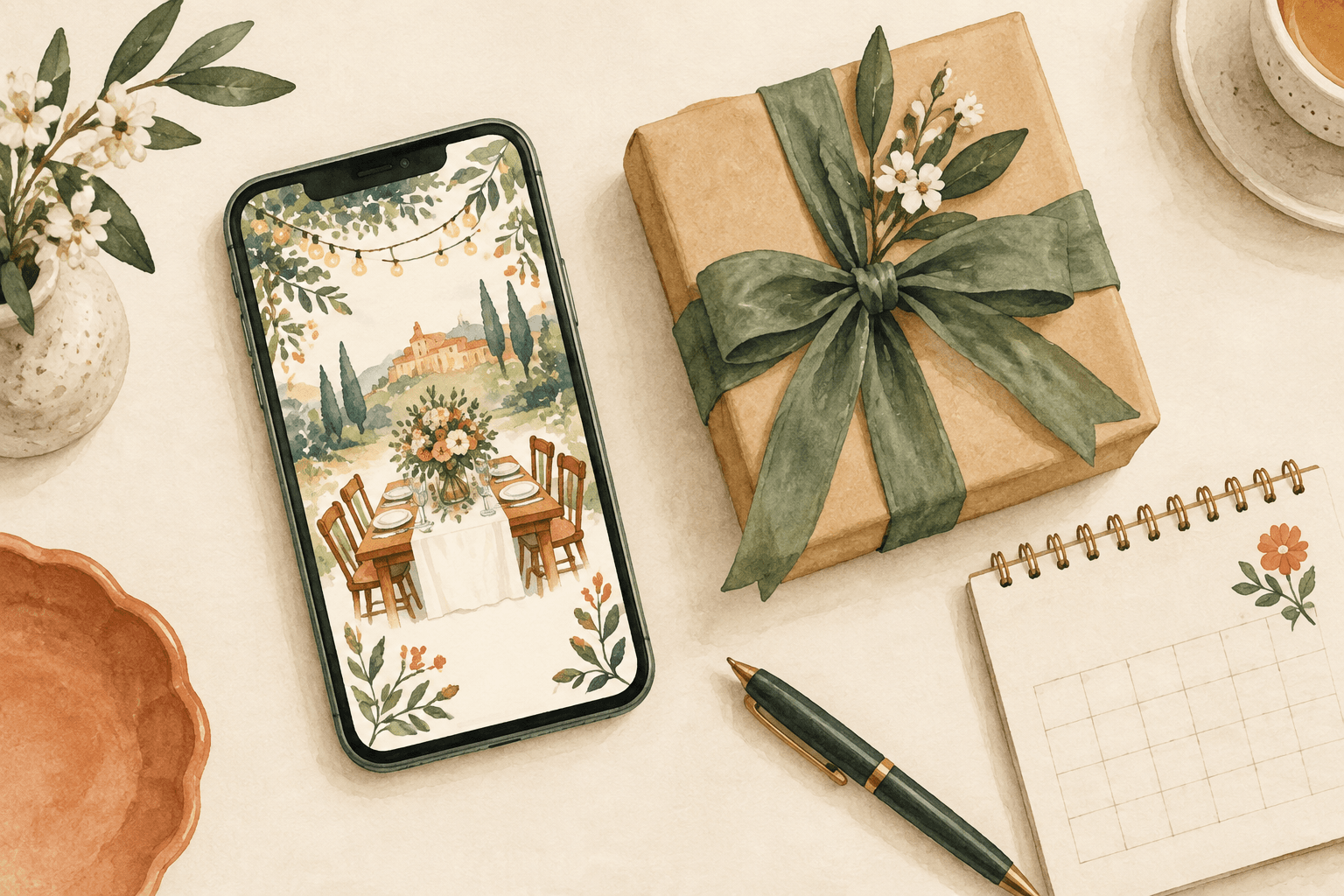 A phone with a campaign invitation and a wrapped gift ready to go
