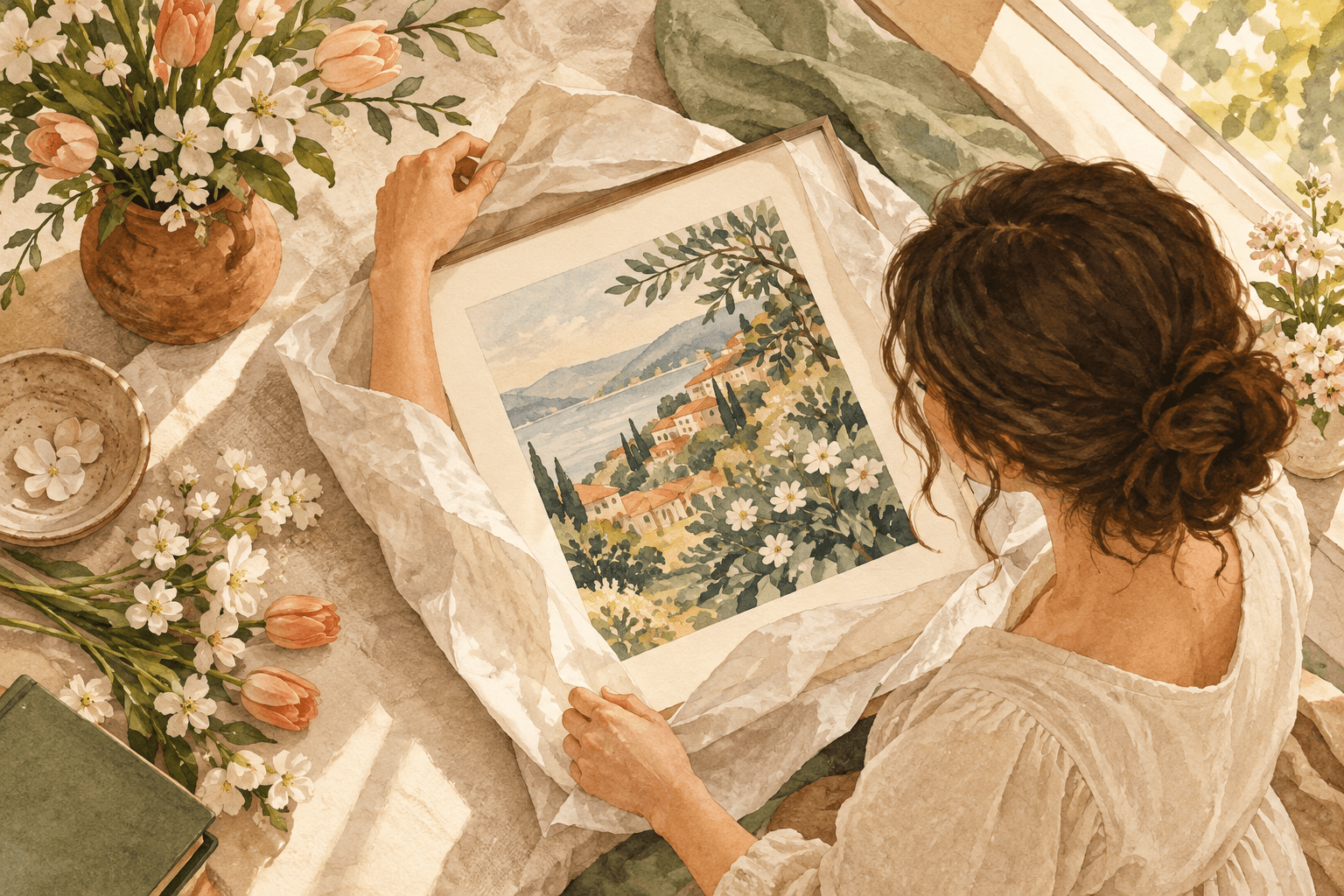 A mother unwrapping a framed artwork surrounded by her family