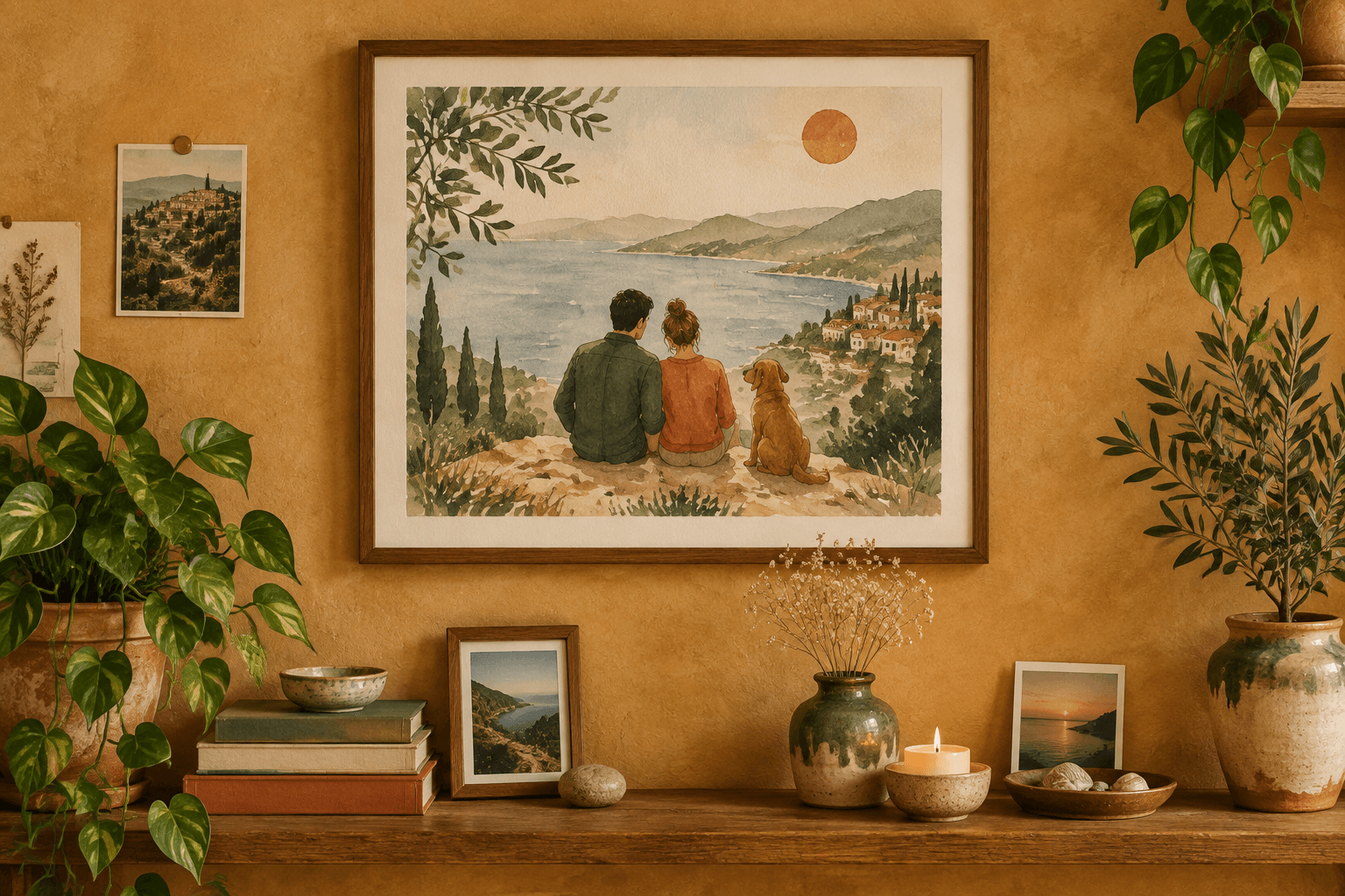 A framed artwork on a warm living room wall surrounded by memories