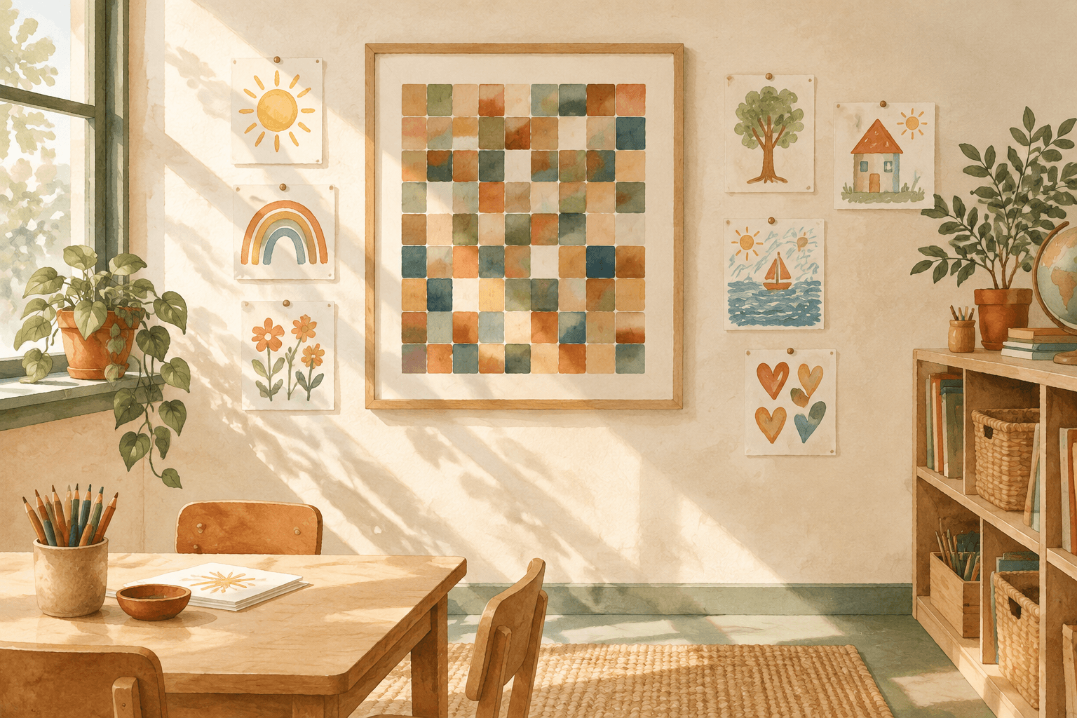 A classroom setting with drawings pinned on a board and a framed artwork